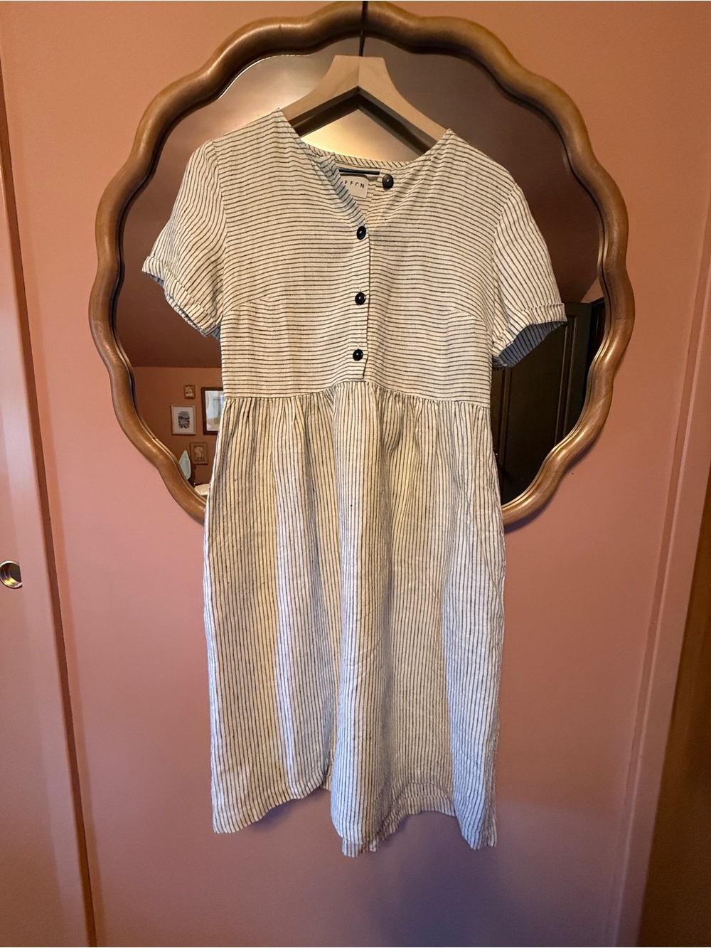 100% linen pinstripe dress by Offon